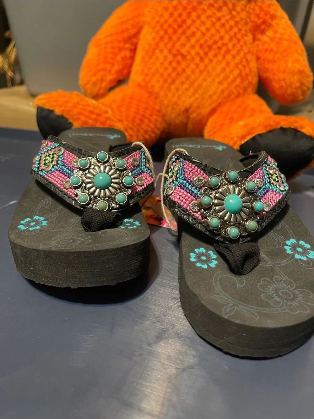 New Beaded Turquoise Rhinestone Concho Kids Flip Flops - Pink/Teal sizes S- L